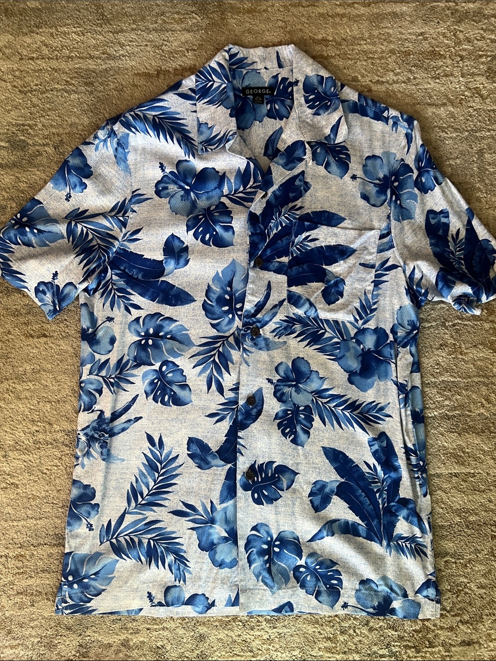George Blue and White Tropical Floral Short-Sleeve Button-Up Shirt